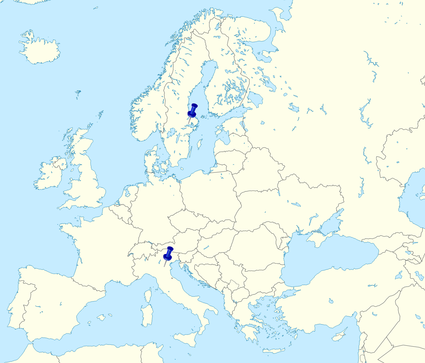 Map over Europe with indication in Italy and Sweden